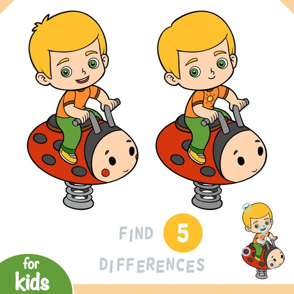 Najít rozdíly, hra pro děti, Chlapec a beruška jarní jezdec na hřišti — Stockový vektor