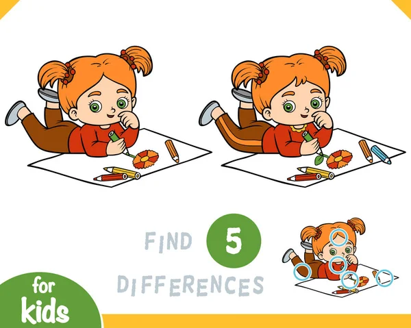 Find differences, game for children, Little girl drawing with color pencils a flower — Stock Vector