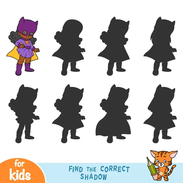 Trouver la bonne ombre, jeu pour les enfants, Super fille héros — Image vectorielle