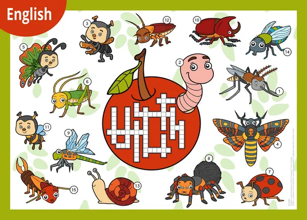 Cruciverba vettoriale in inglese, gioco educativo per bambini. Set di cartoni animati di insetti e piccoli animali — Vettoriale Stock