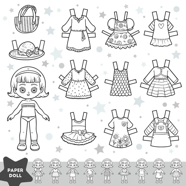 Conjunto de dibujos animados en blanco y negro, muñeca de papel lindo y conjunto de ropa de verano — Vector de stock