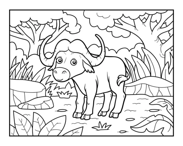 Coloring book, Buffalo in the African savannah — 스톡 벡터