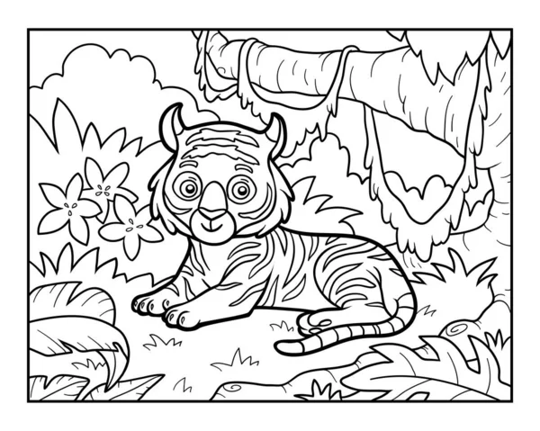 Libro para colorear para niños, Tigre en la selva — Vector de stock