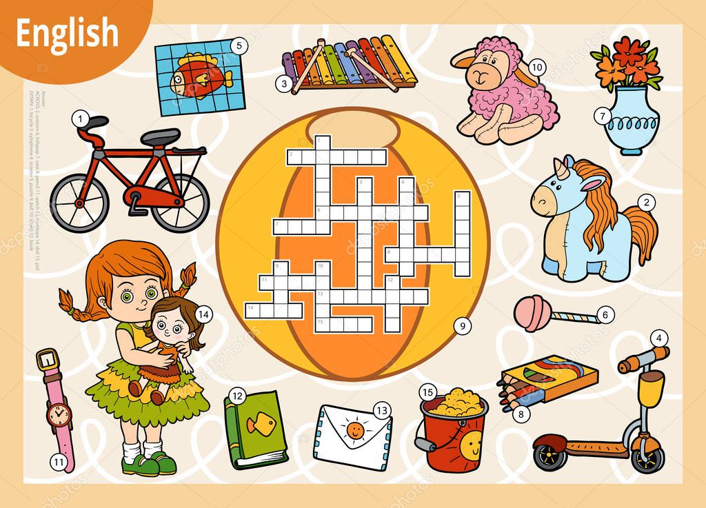 Vector colorful crossword in English, education game for children. Cartoon set of toys and objects for girl