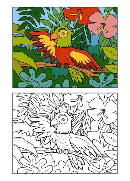 Libro para colorear para niños, Loro en la selva tropical — Vector de stock