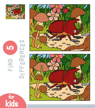 Find differences, educational game for children, Rhinoceros beetle on a meadow with mushrooms clipart
