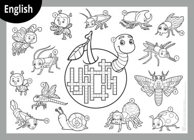 İngilizce siyah-beyaz bulmaca çözme, çocuklar için eğitim oyunu. Bir grup böcek ve küçük hayvanlar.