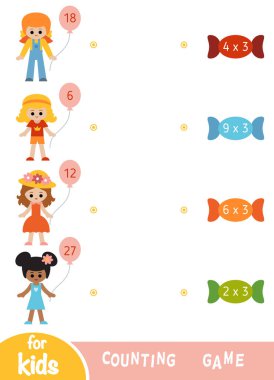 Anaokulu çocukları için sayım oyunu. Eğitici bir matematik oyunu. Çarpma işlemiyle birlikte çalışma tablosu. Balonlu ve şekerli kızlar