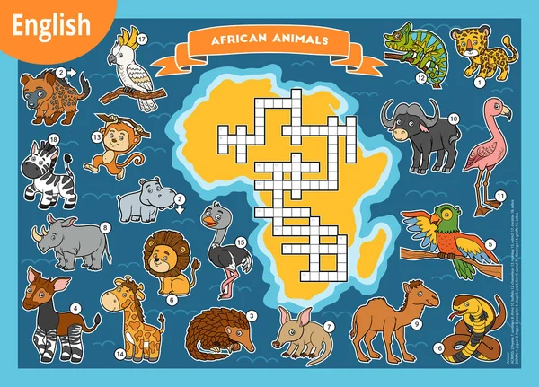 英语中的矢量彩色填字游戏 儿童教育游戏 非洲的卡通动物 — 图库矢量图片