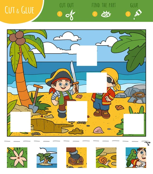行方不明の作品を見つける 子供のためのジグソーパズルゲーム 正方形をカットし 接着剤 海賊少年と熱帯の背景 — ストックベクタ