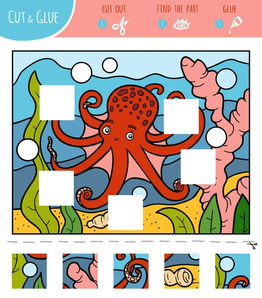 Найти Недостающие Кусочки Головоломка Детей Вырезать Клеить Квадраты Осьминог Океан — стоковый вектор