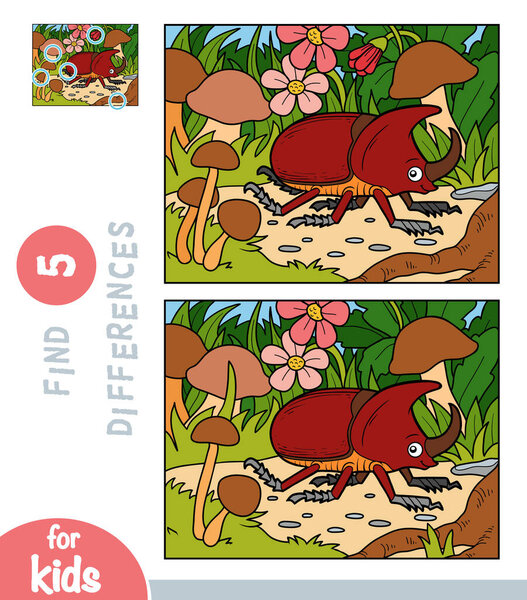 Find differences, educational game for children, Rhinoceros beetle on a meadow with mushrooms