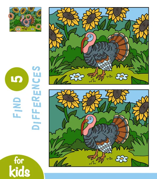 Find Differences Educational Game Children Turkey Meadow Sunflowers — Stock Vector