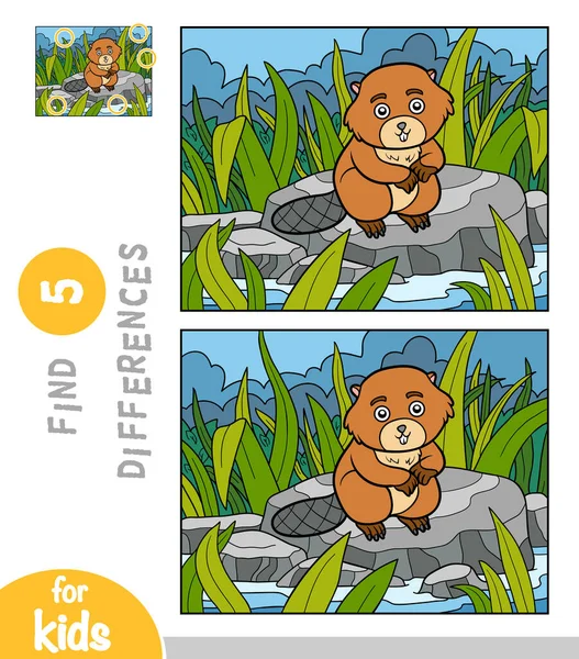 Find Differences Educational Game Children Beaver Sits Stone River — Stock Vector