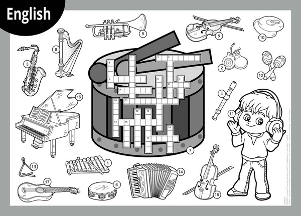 Vector Black White Crossword English Education Game Children Cartoon Boy — Stock Vector