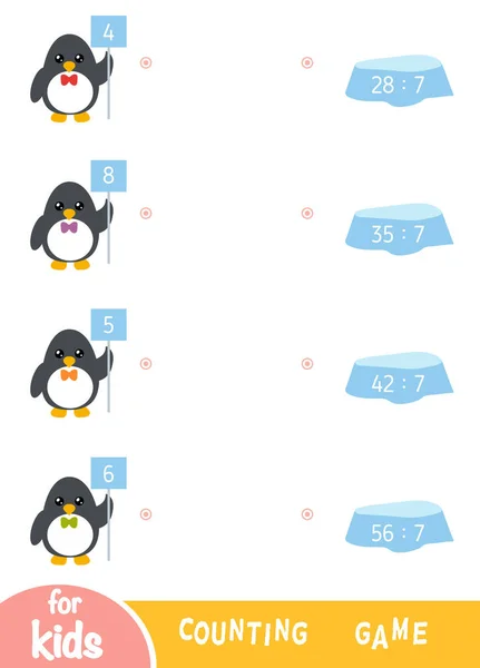 为学龄前儿童计算游戏 教育一个数学游戏 工作表 除以7 企鹅和浮冰 — 图库矢量图片