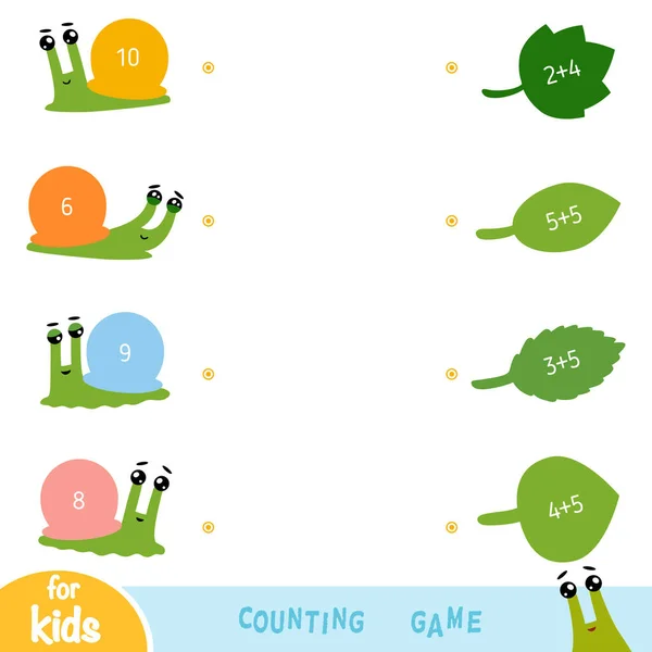 为学龄前儿童计算游戏 教育一个数学游戏 添加工作表 蜗牛和树叶 — 图库矢量图片