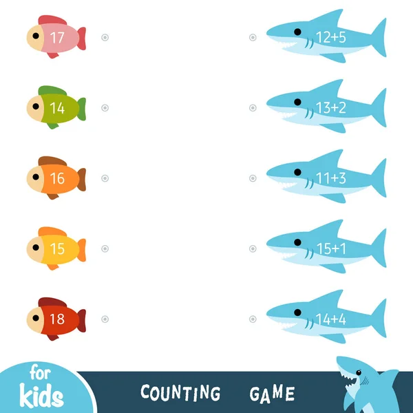 为学龄前儿童计算游戏 教育一个数学游戏 添加工作表 鲨鱼和鱼 — 图库矢量图片