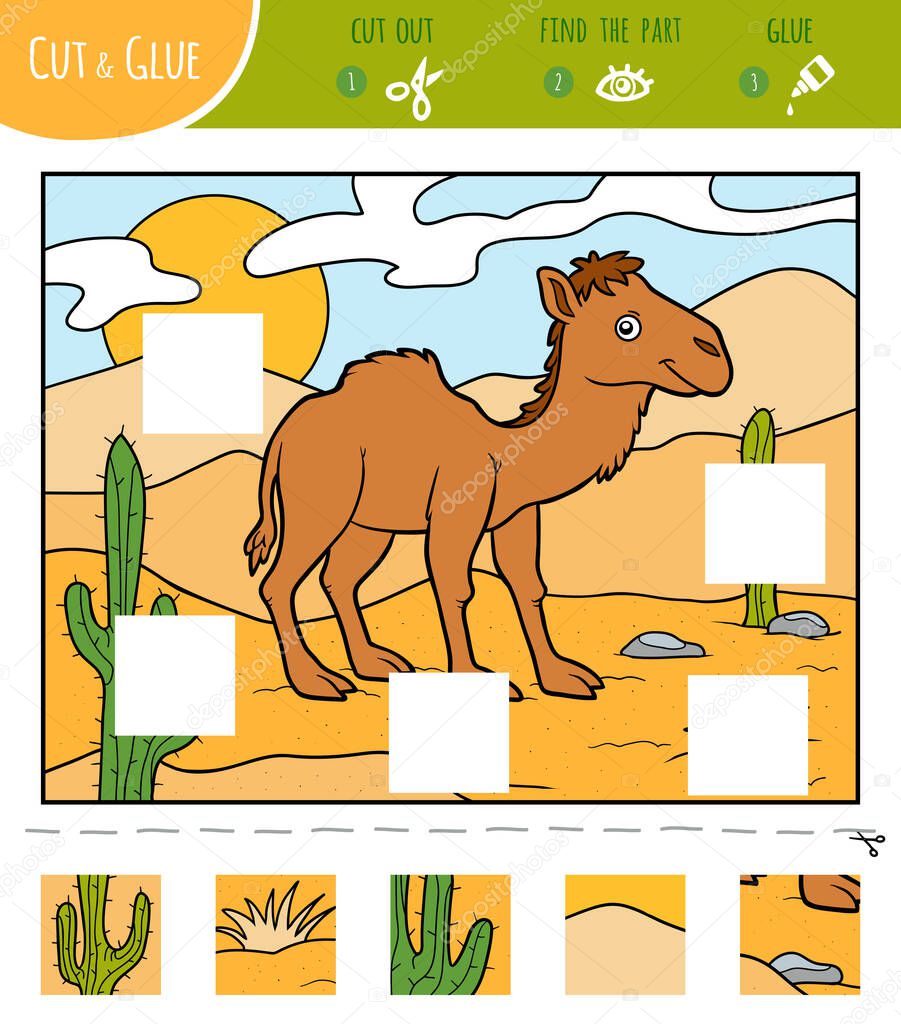 Find the missing pieces, jigsaw puzzle game for children. Cut and glue squares. One-humped camel in the desert