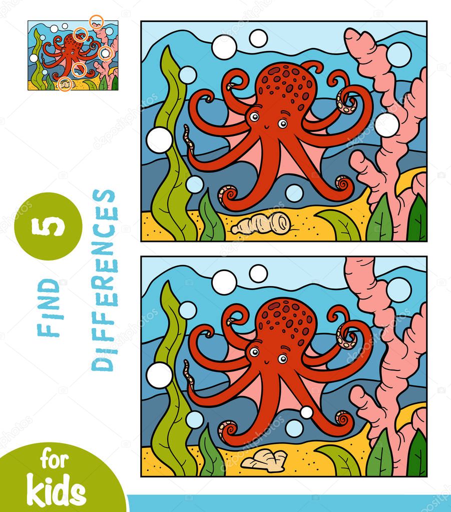 Find differences, educational game for children, Octopus in the sea