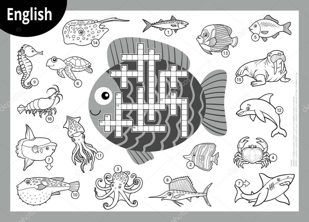 Vector black and white crossword in English, education game for children. Cartoon set of sea animals