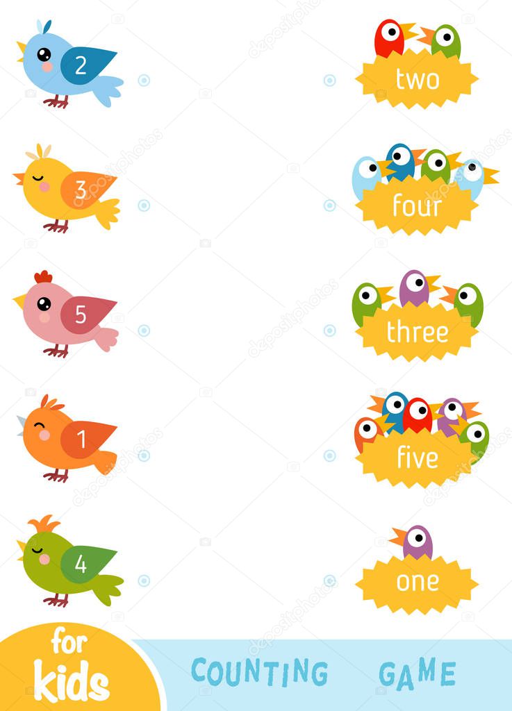 Counting Game for Preschool Children. Educational a mathematical game. Birds and nests