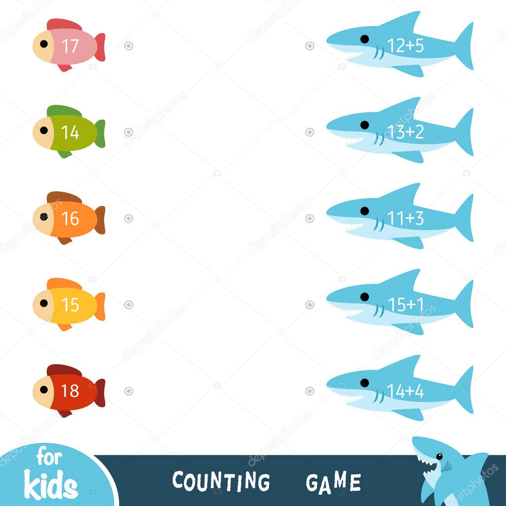 Counting Game for Preschool Children. Educational a mathematical game. Addition worksheets. Sharks and fish