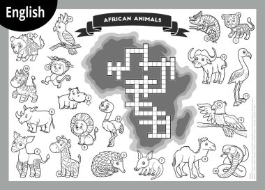 İngilizce siyah-beyaz bulmaca çözme, çocuklar için eğitim oyunu. Afrika 'nın çizgi film hayvanları