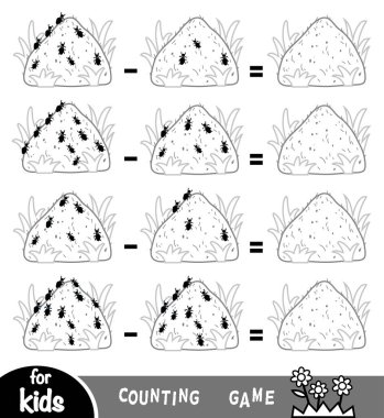 Anaokulu çocukları için sayım oyunu. Eğitici bir matematik oyunu. Karınca yuvalarındaki karınca sayısını say ve sonucu yaz. Çıkarma çalışma tabloları