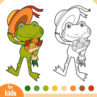 Çocuklar için boyama kitabı, bir buket çiçekli şirin küçük kurbağa.