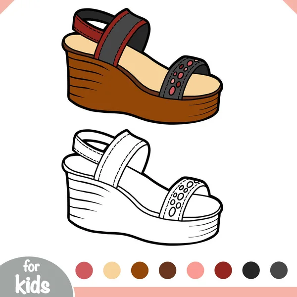 子供のためのぬり絵 漫画の靴コレクション くさび付きサンダル — ストックベクタ