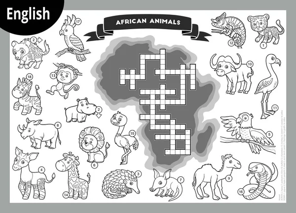 英语中的黑白填字游戏 儿童教育游戏 非洲的卡通动物 — 图库矢量图片
