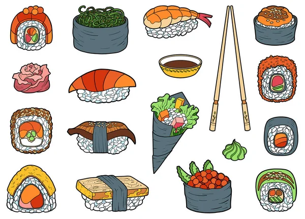 Векторний Набір Японської Їжі Колекція Кольорів Мультяшних Суші Сашімі Ролів — стоковий вектор