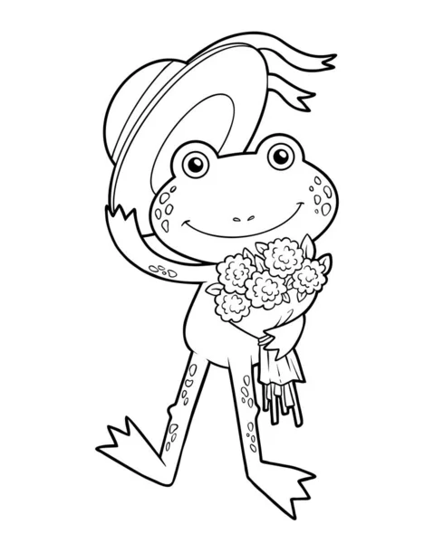 Livre Colorier Pour Enfants Jolie Petite Grenouille Avec Bouquet Fleurs — Image vectorielle