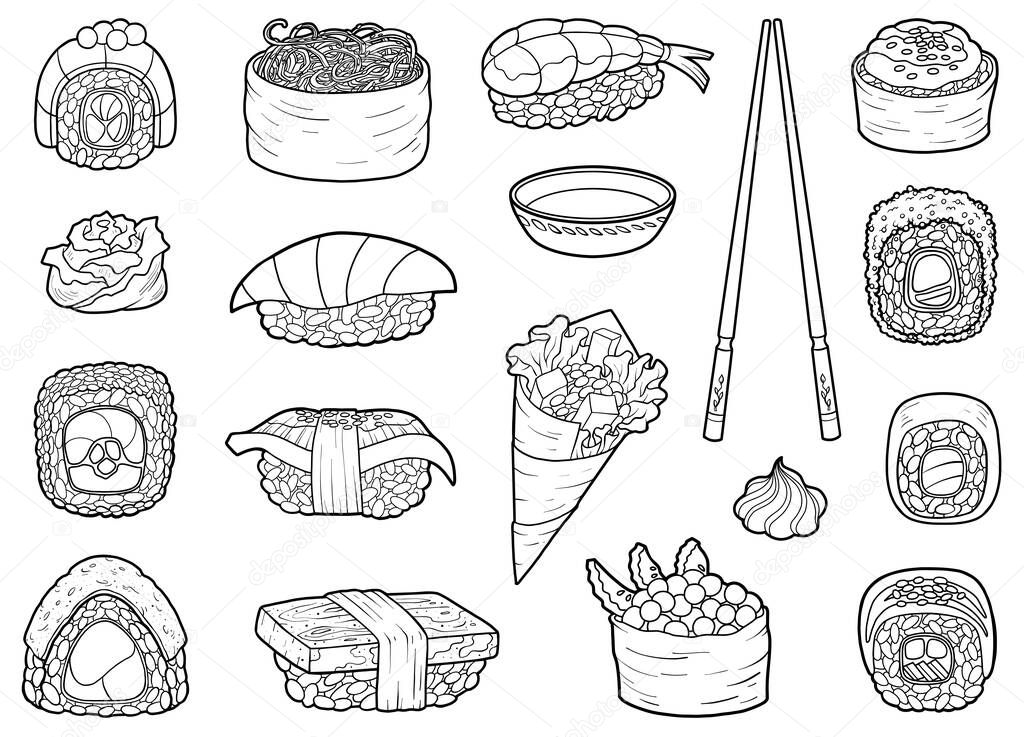 Vector set of japanese food, black and white collection of cartoon sushi, sashimi and rolls