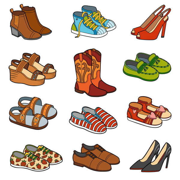 Vector set of shoes, color collection of cartoon clothes and accessories
