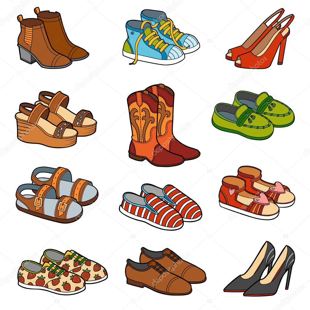 Vector set of shoes, color collection of cartoon clothes and accessories
