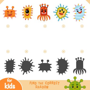 Doğru gölgeyi bul, çocuklar için eğitim oyunu. Bir grup sevimli bakteri ve virüs karakterleri