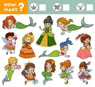 Counting Game for Preschool Children. Educational a mathematical game. Count how many Mermaids, Princesses, Fairies and write the result! clipart