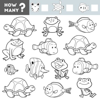 Anaokulu çocukları için sayım oyunu. Eğitici bir matematik oyunu. Kaç tane kaplumbağa, kurbağa, balık say ve sonucu yaz.!