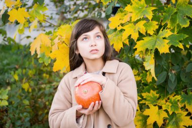 Sonbahar sarısı yapraklarının arka planında bir balkabağı tutan kız
