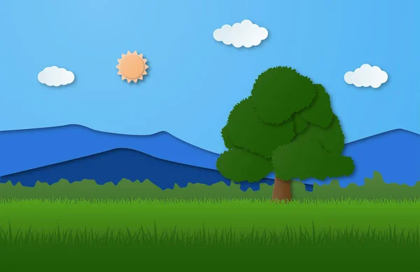 Paysage naturel avec montagne, forêt et grand arbre sur fil d'herbe — Image vectorielle