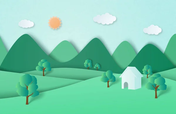 Forêt naturelle verte et paysage de montagne avec chalet en papier — Image vectorielle