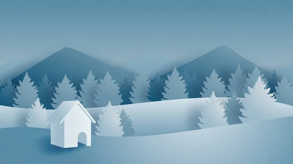 Paysage hivernal avec montagne, forêt et chalet sur neige déposée — Image vectorielle