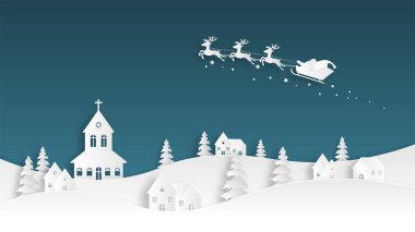 Noel kutlaması. Noel Baba köyün üzerinde gökyüzünde uçuyor