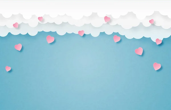 Valentinstag-Banner mit fallendem Herzen aus Wolken im Scherenschnitt-Stil. — Stockvektor
