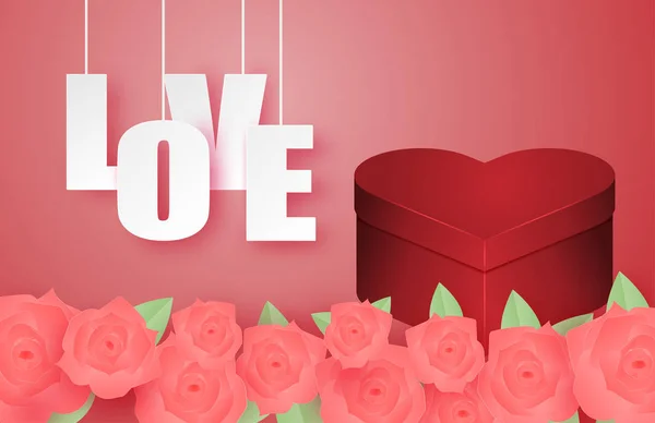 Valentinstag Banner mit herzförmigem Geschenkkarton und Rose in Umhang — Stockvektor