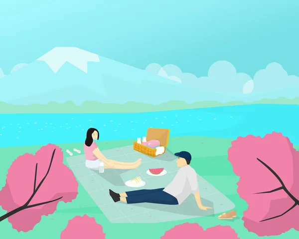 Para kochanek piknik w wiśniowym kwiatowym oglądaniu festi — Wektor stockowy