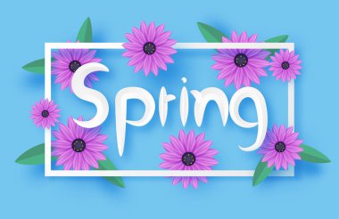 Spring banner with purple flower and frame in paper cut style. V
