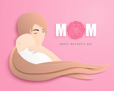 Anneler Günü 'nde anneler bebeğine kağıt kesiği şeklinde sarılırlar. Dijital el işi kağıt sanatı. Poster, afiş, tebrik kartı.